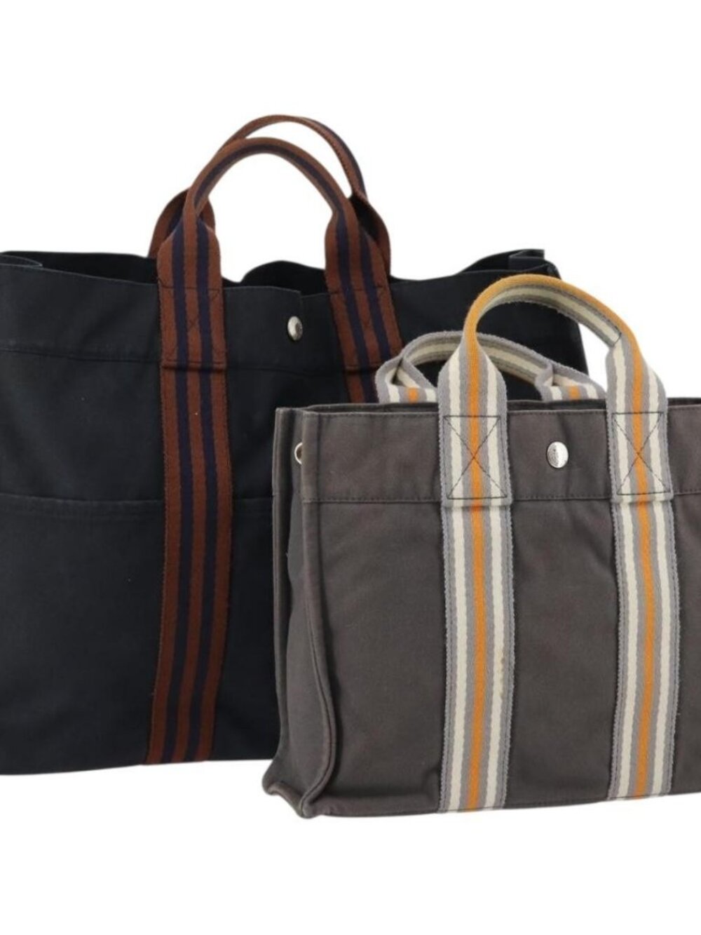 HERMES Fourre Tout Hand Bag Canvas 2 Set Gray Navy Auth bs33715